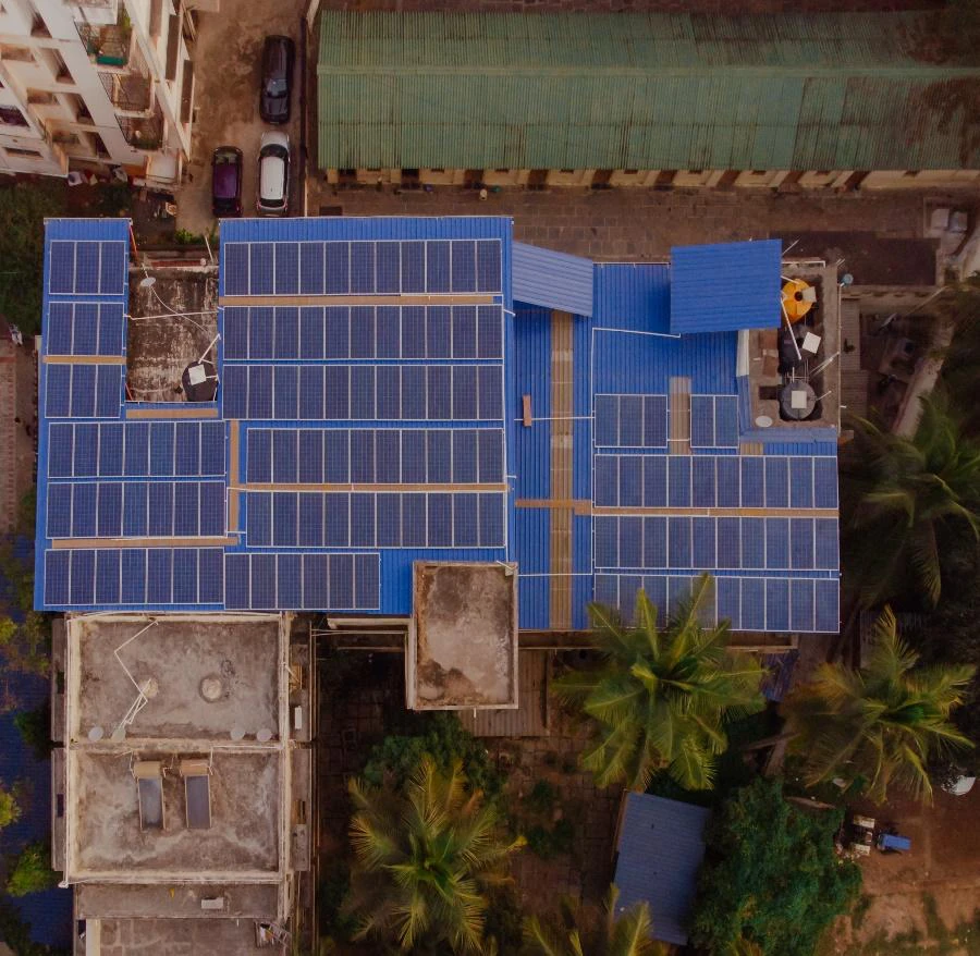 Rooftop solar panels across the R. B. Patil building